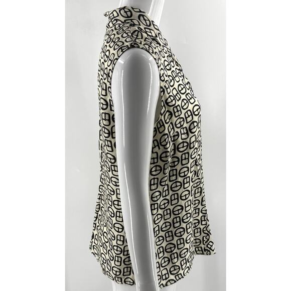Talbots Womens Silk Sleeveless Top Sz 12 Black Beige Knotted Neck Printed Blouse - Picture 2 of 6